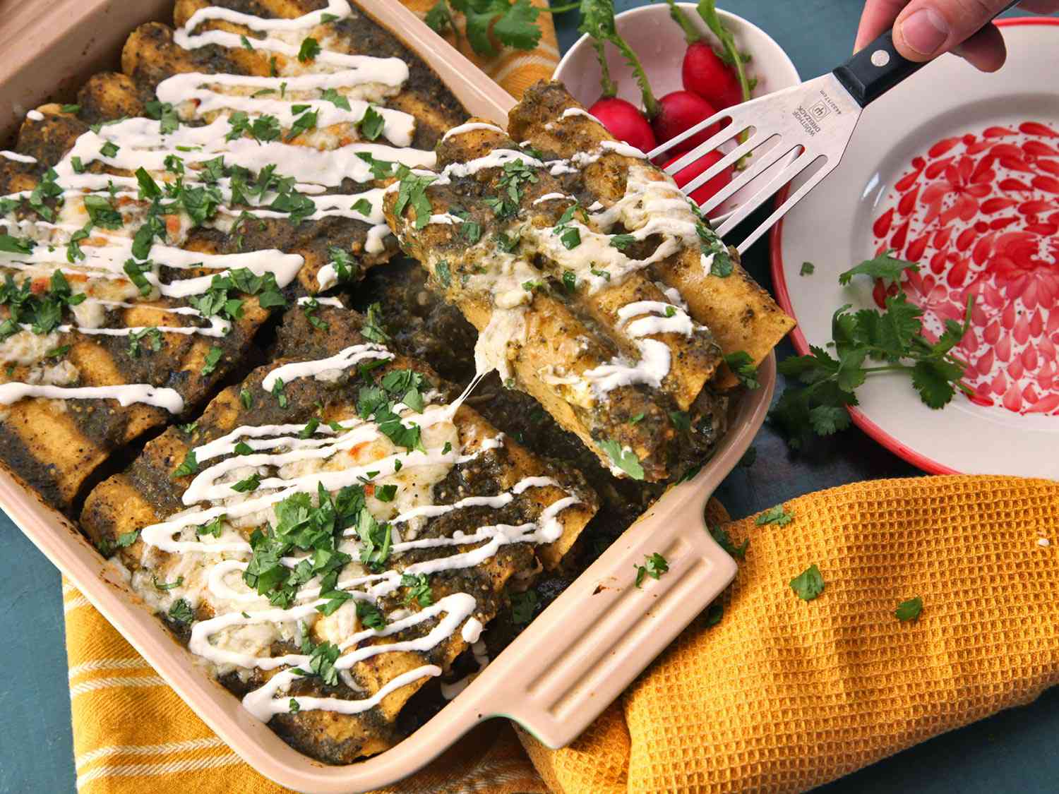 The finished enchiladas are served directly from the baking dish.