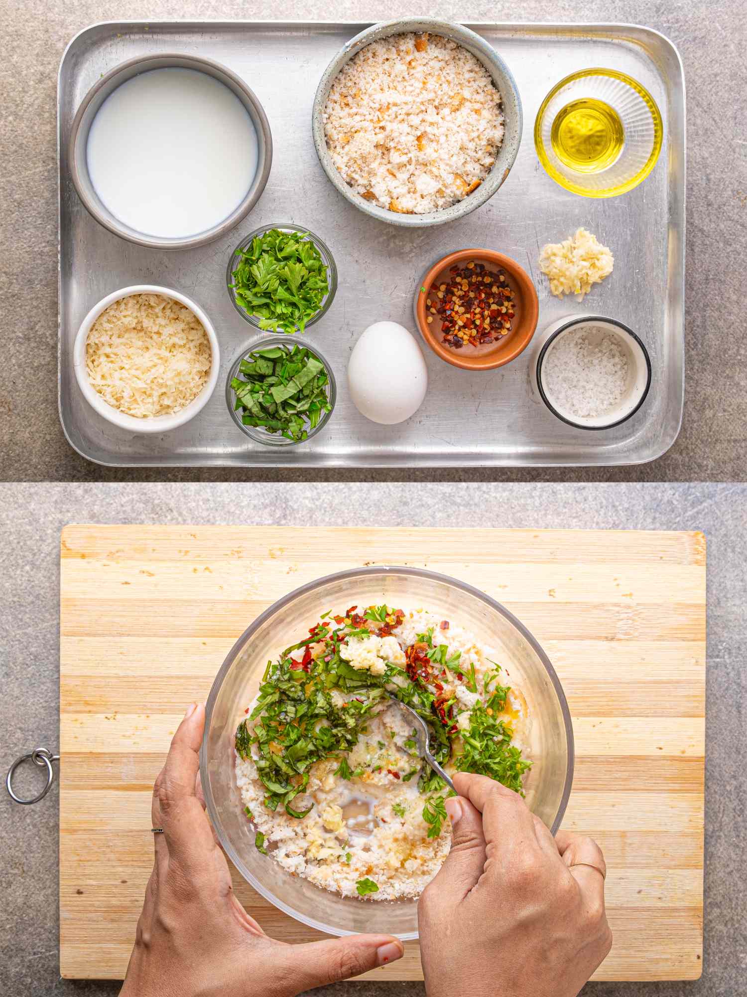 Ingredients and preparation for chicken meatballs with spaghetti a mixture being stirred in a bowl with visible ingredients in separate bowls