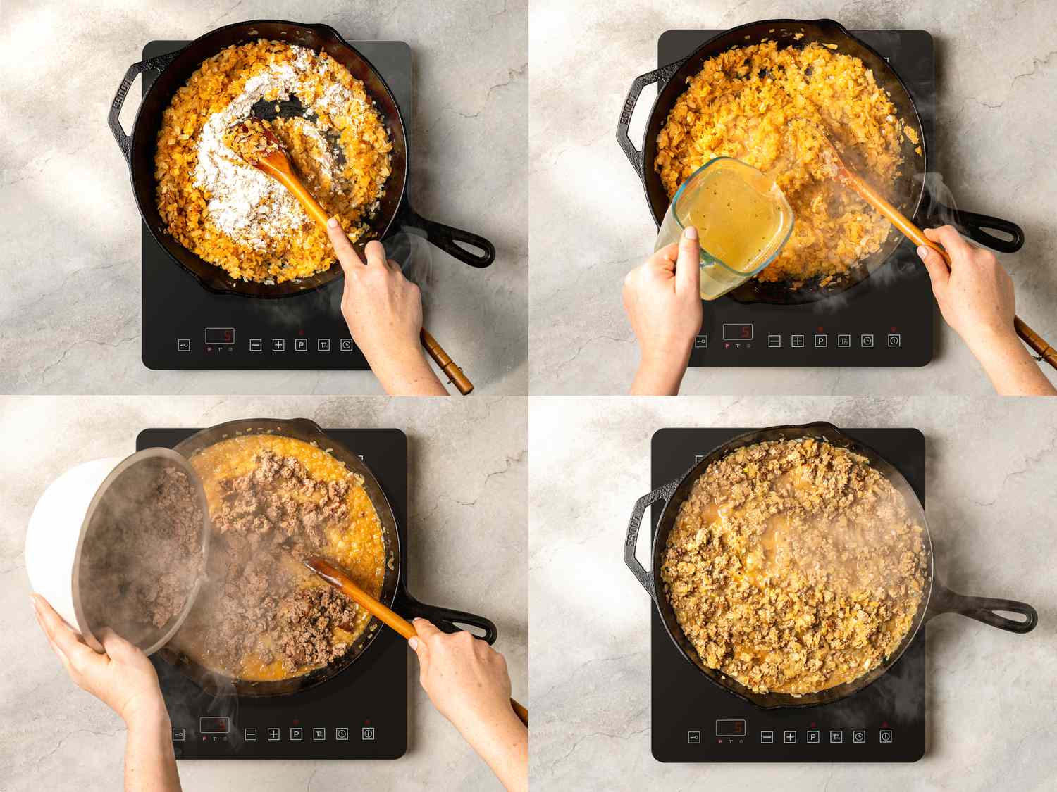 4 image collage. Top left: stirring flour into onion mixture in a cast iron pan. Top Right: Whisking in reserved poaching liquid into cast iron pan. Bottom Left: Adding reserved beef into flour and onion mixture. Bottom Right: The mixture thickened, and cooked through, about 10 minutes 