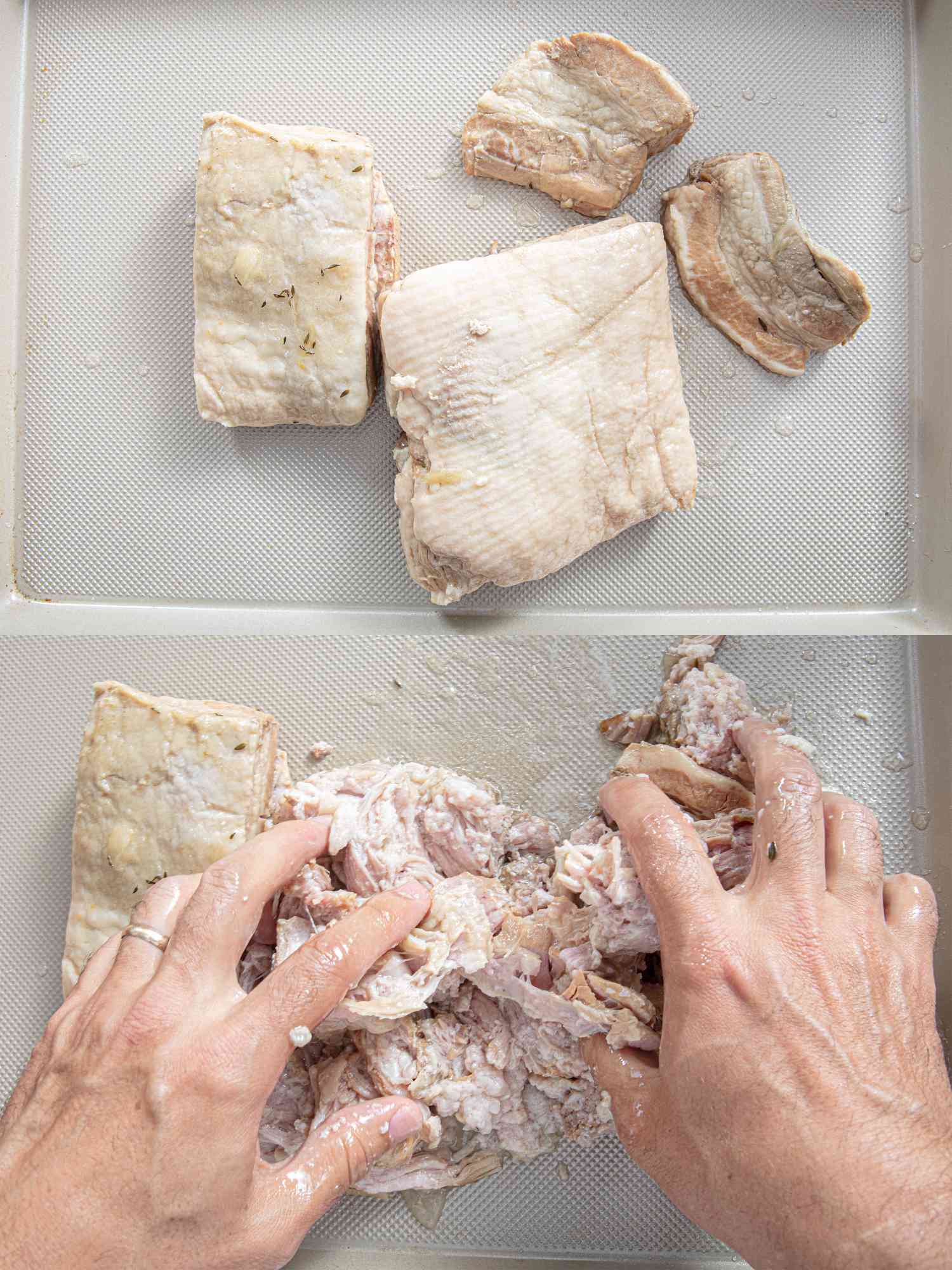 Two image collage of cooked pork before and after being shredded