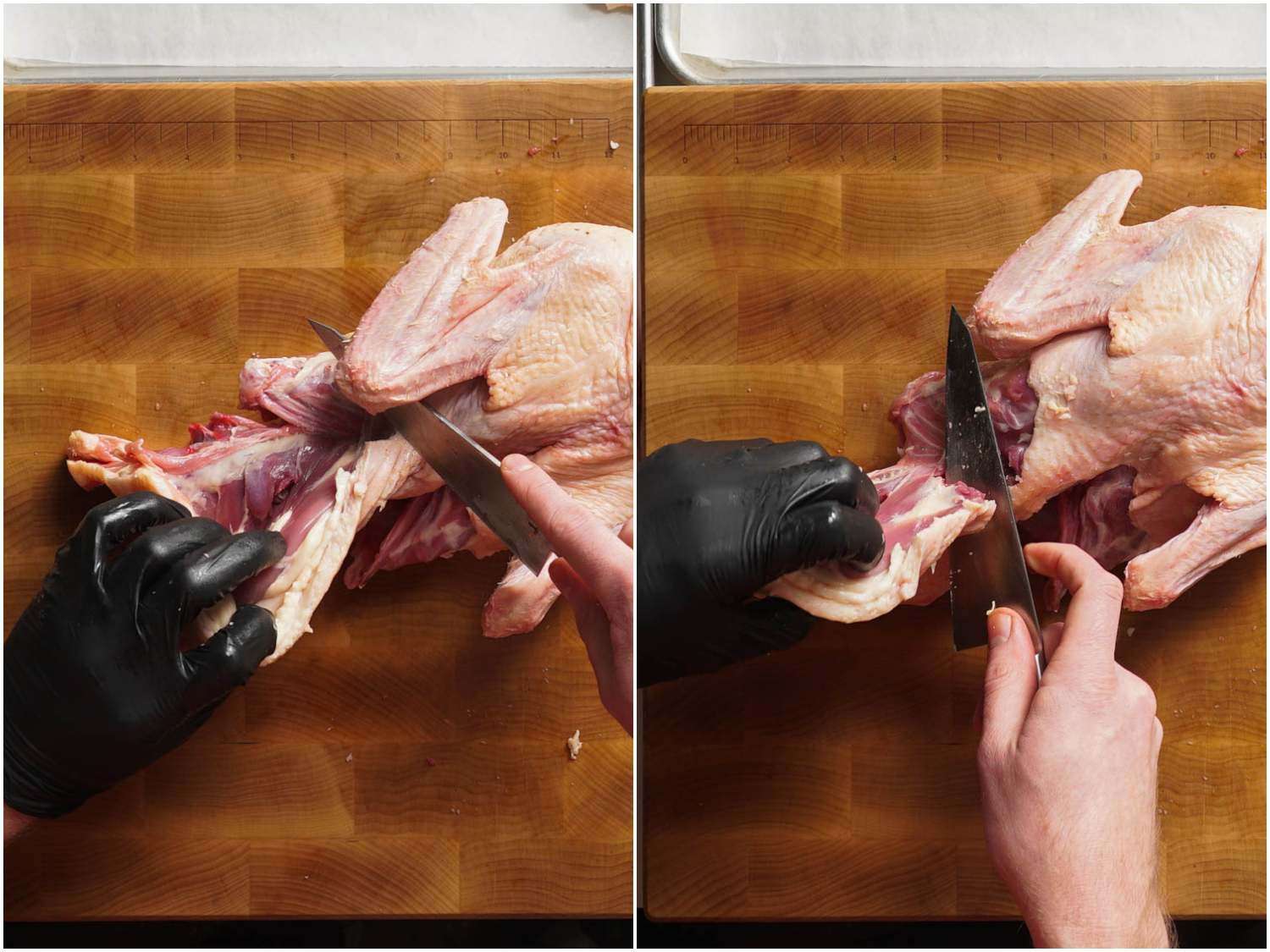 Photo collage of butchering second leg off of a whole duck with a knife.