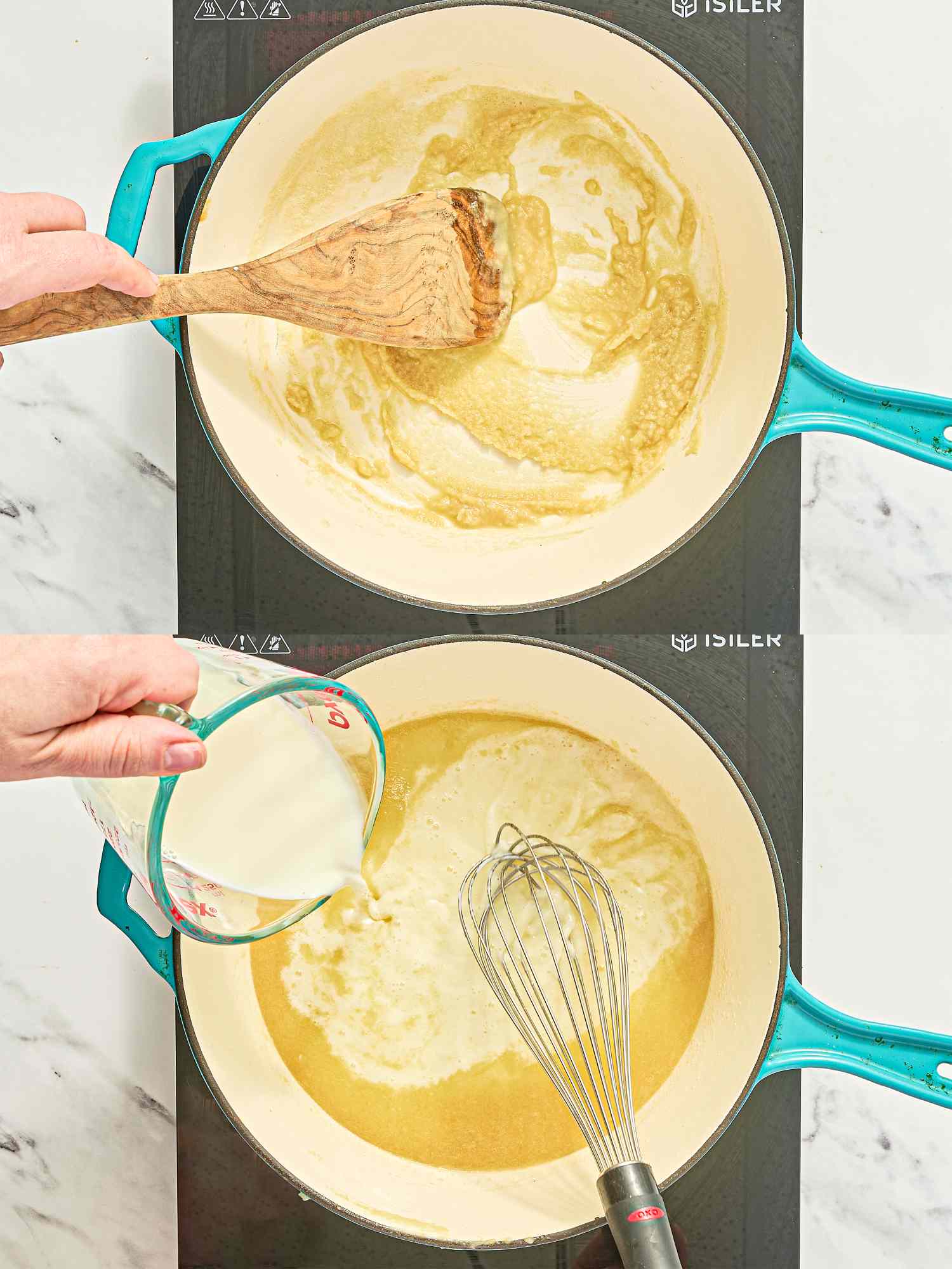 Twostep cooking process showing butter being stirred in a pot and then milk being poured into it while whisking