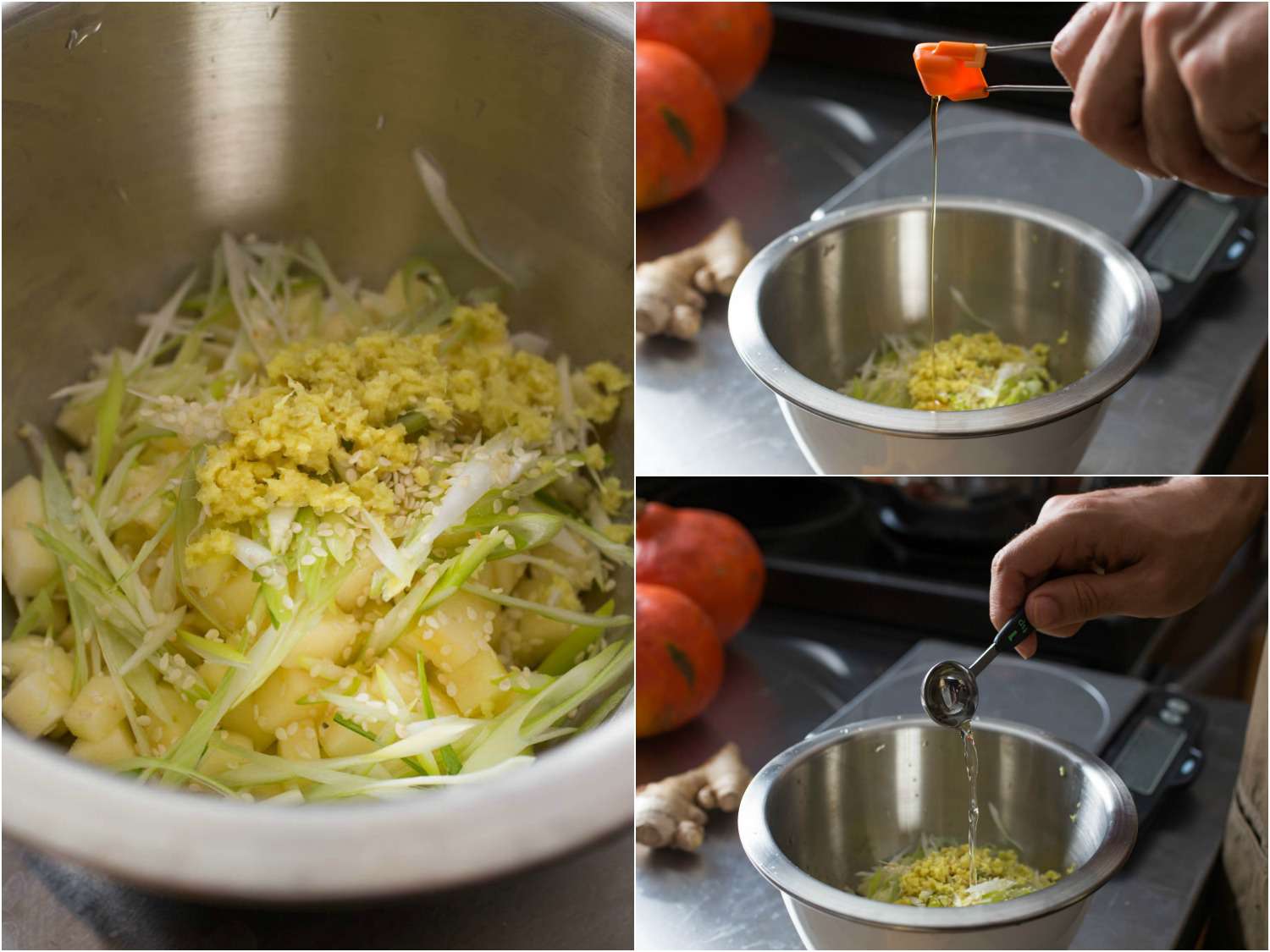 Collage showing the brined and drained apples being combined with ginger, scallions, sesame seeds, sesame oil, rice vinegar, and oil.