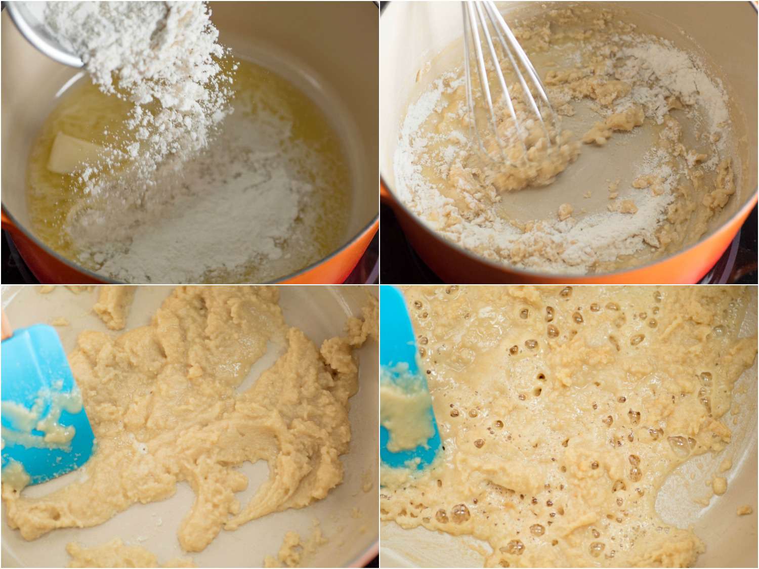 A 4-image collage showing making a light blond roux for chicken pot pie: adding flour to melting butter in a Dutch oven, whisking until combined and switching to a spatula. 