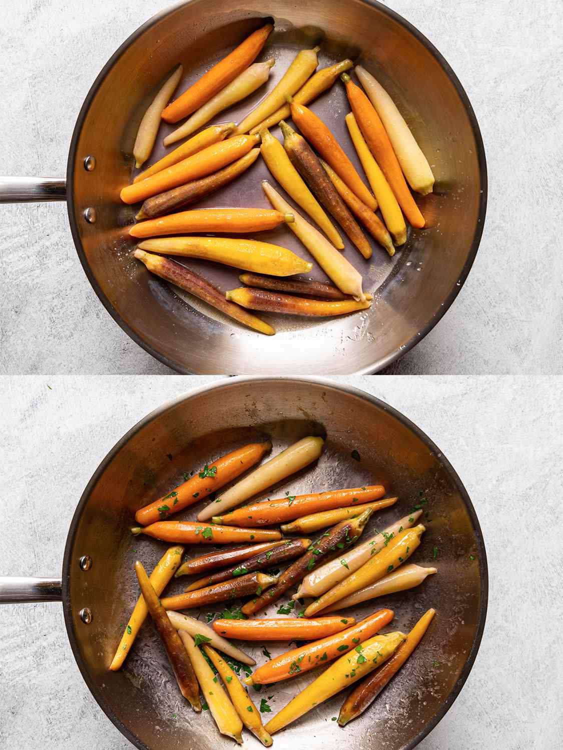 A two-image collage. The top image shows the sous vide-cooked carrots and their juices inside of a stainless steel skillet. The bottom image shows the carrots after the juices have been cooked down to a glaze. The carrots are coated in the glaze and with chopped parsley.