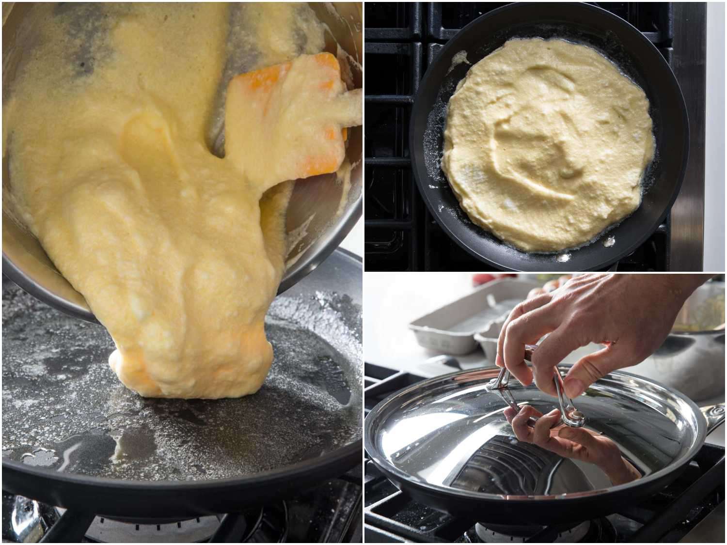 A 3-photo collage showing adding soufflé mixture to hot skillet, covering it, and cooking.
