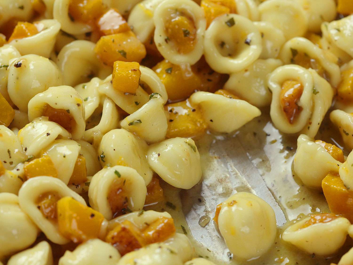 A close-up of butternut squash pasta.
