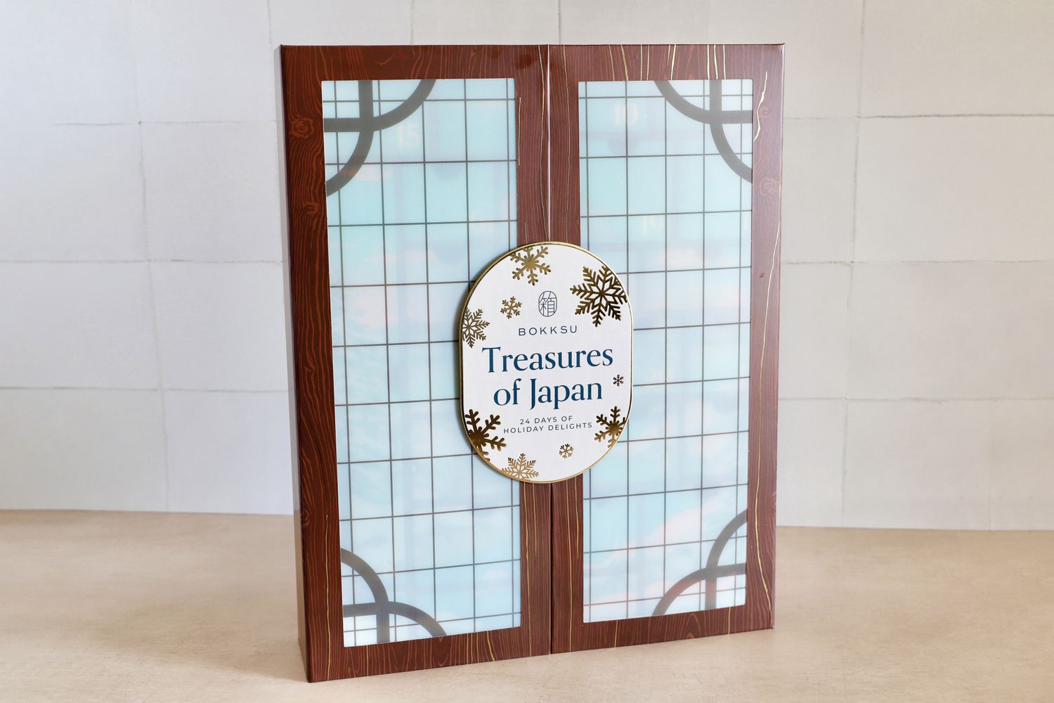 The exterior of the Bokksu Advent Calendar stood up on a table