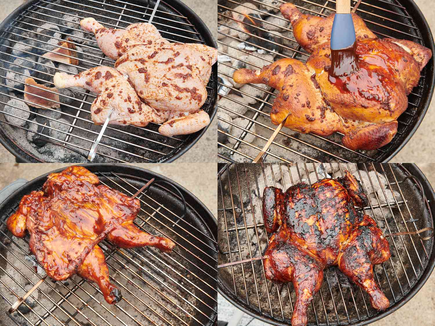 Collage of chicken on a grill, being basted, and being browned over the coals skin-side-down.