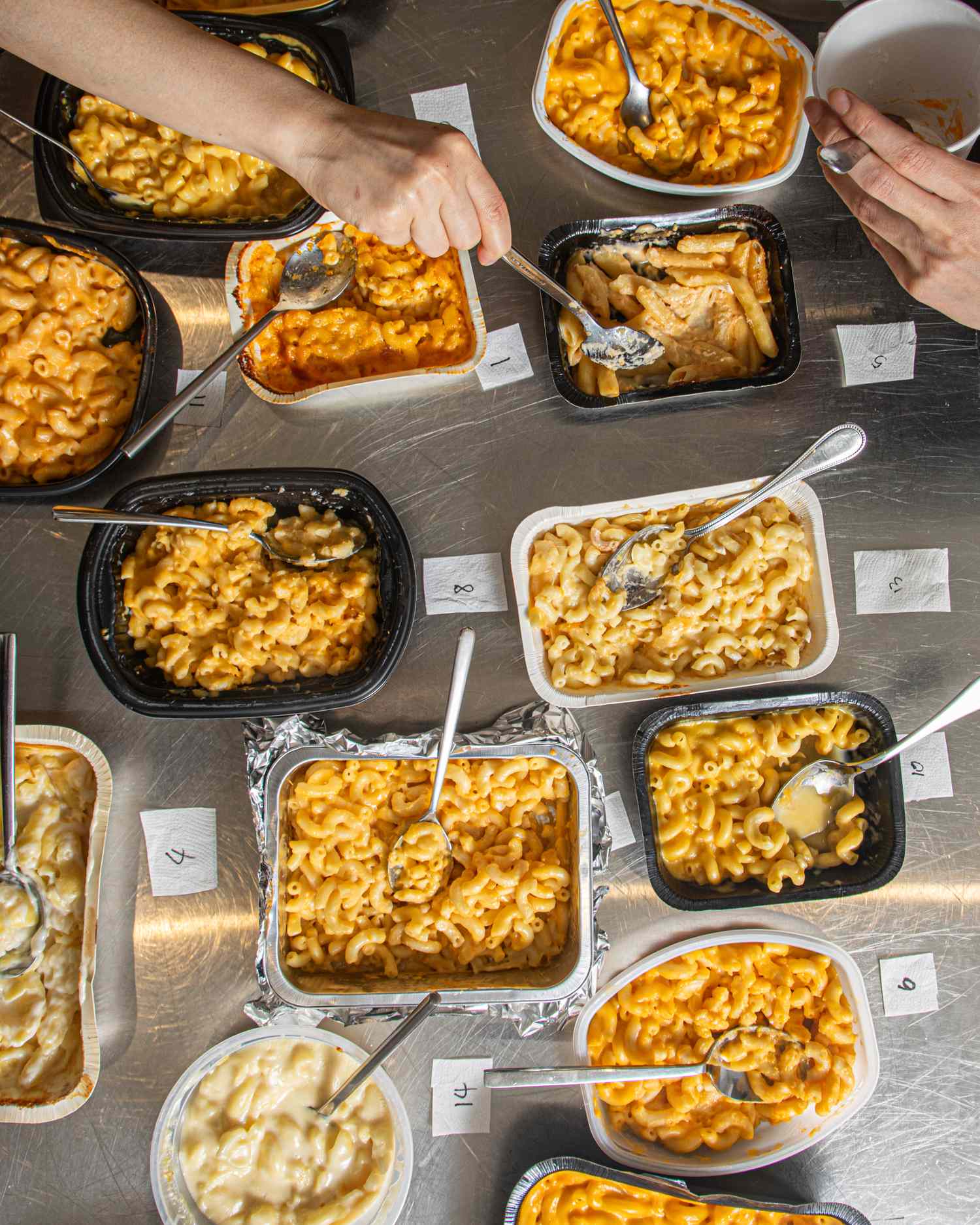 Multiple trays of frozen macaroni and cheese being sampled with spoons on a table