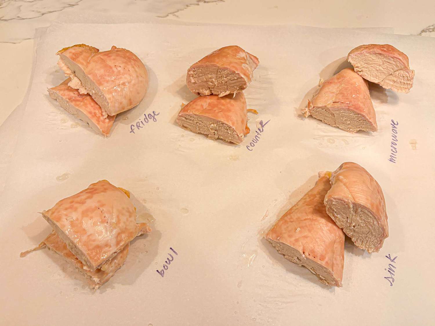 Overhead view of chickens cut in half