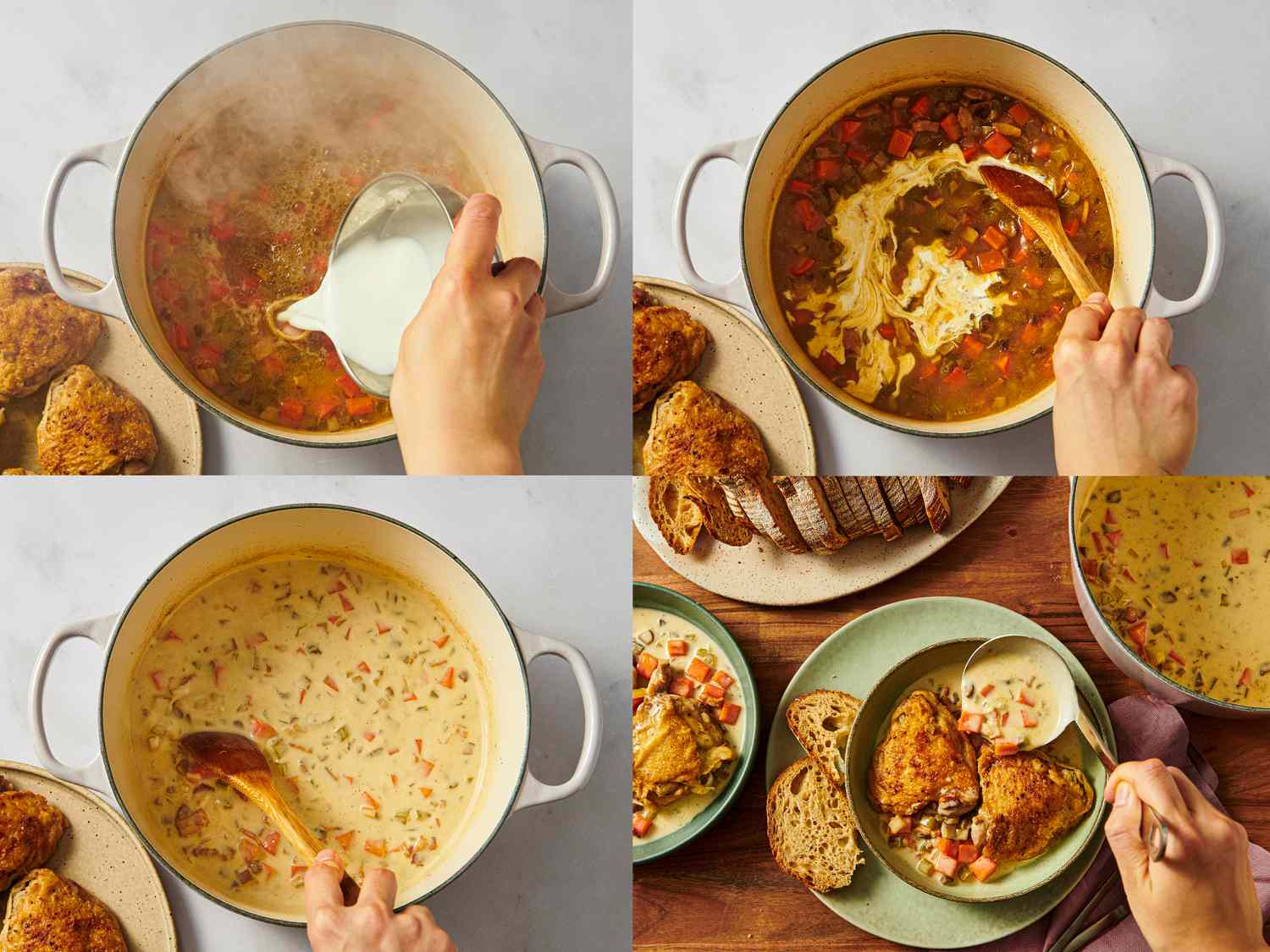 Stepbystep preparation of a creamy chicken stew served with bread