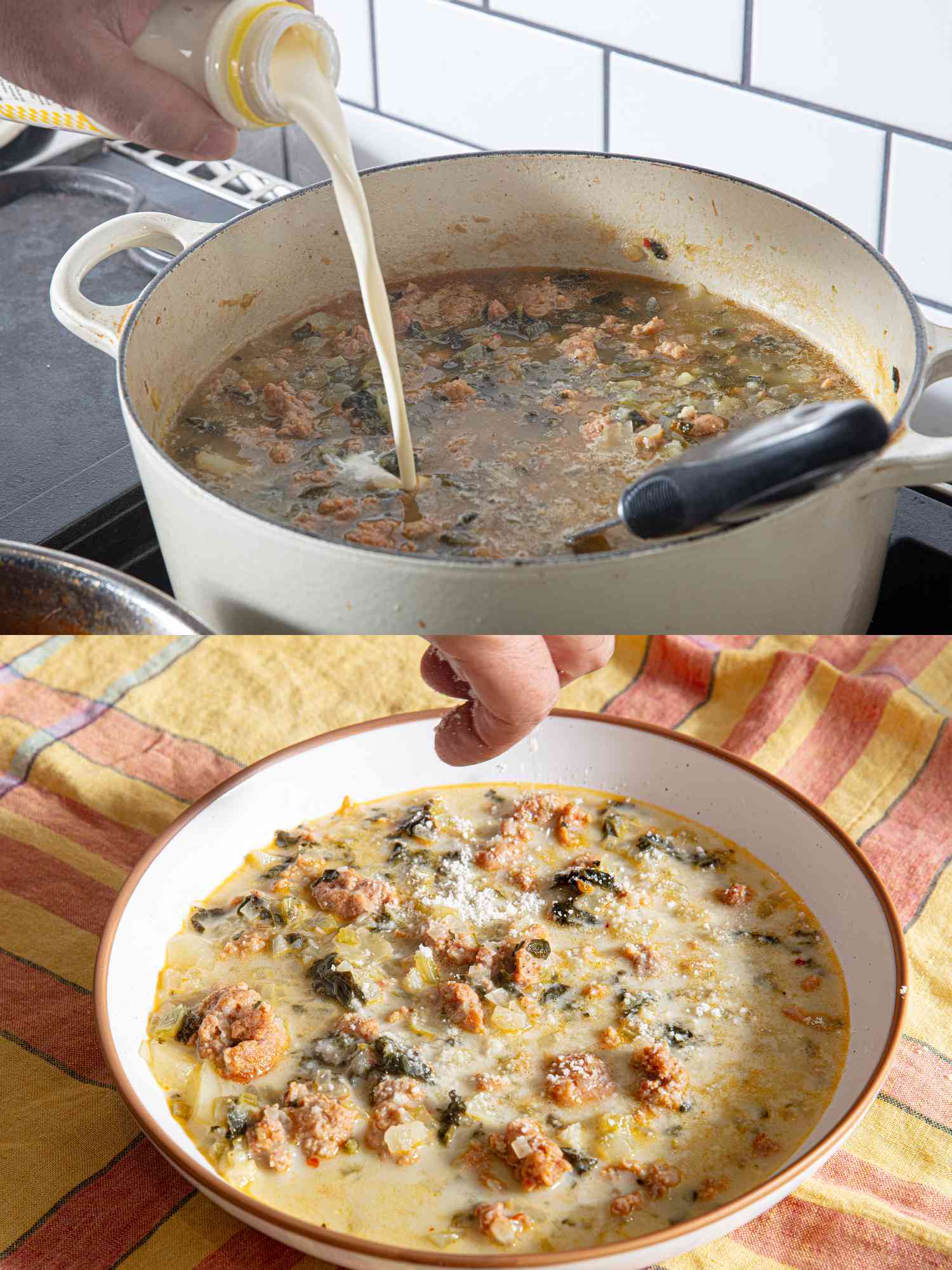 Two image collage of adding cream and parm to finished soup