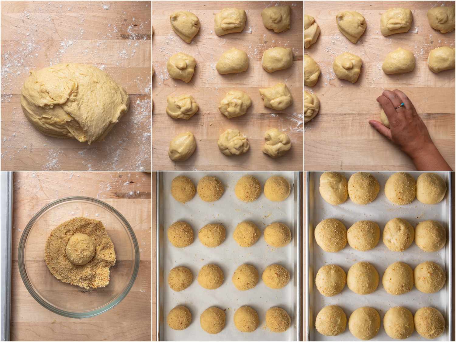 collage: pandesal dough on a floured work surface; dough divided into 16 portions; a hand cupping and rolling dough into a smooth ball; a ball being coated in breadcrumb mixture; a tray of pandesal before resting; a tray of pandesal after resting and doubling in size