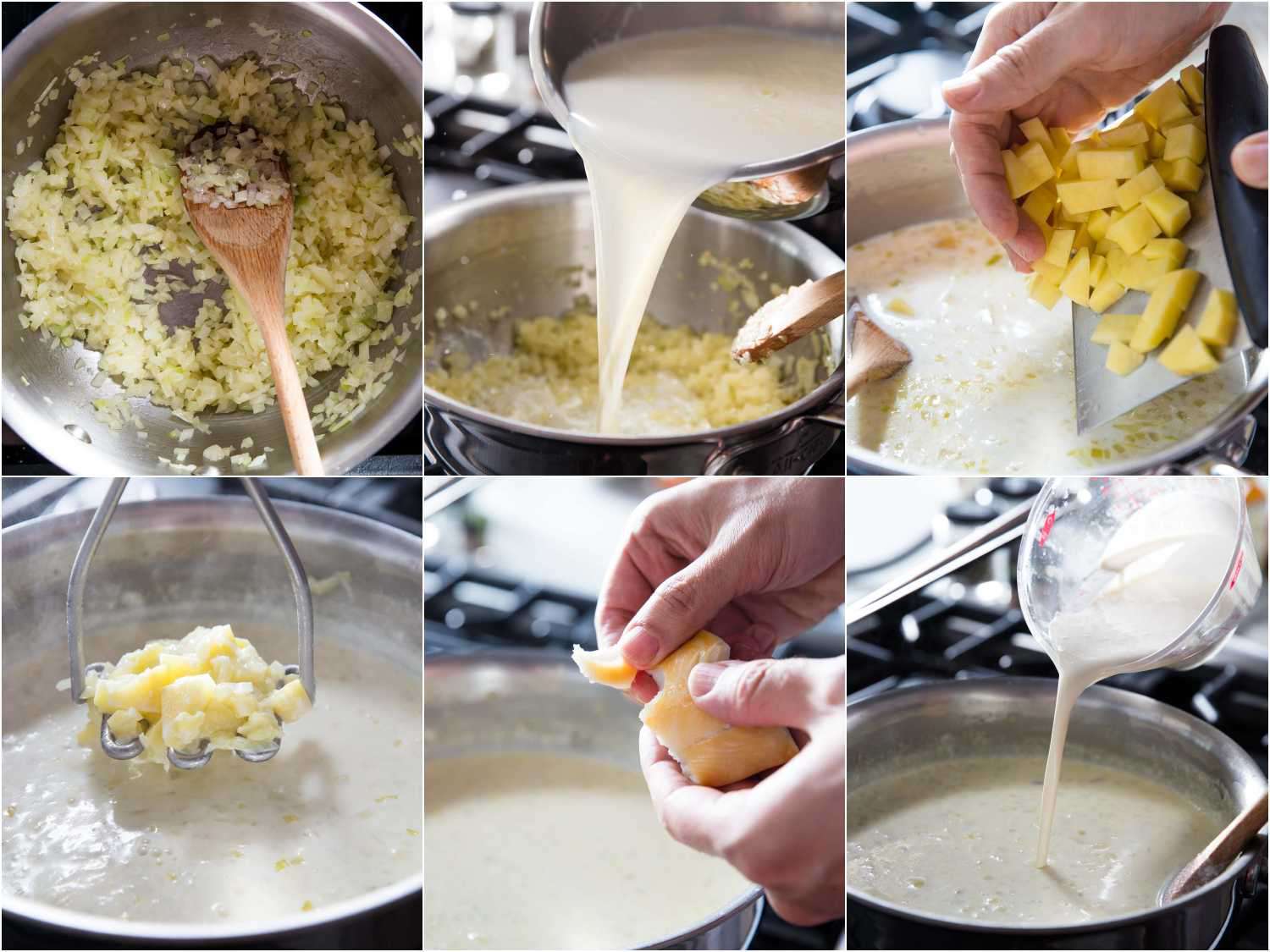 A six-image collage of cooking onions in butter, adding reserved milk and potatoes, mashing potatoes, adding flaked finnan haddie, and finishing with cream.