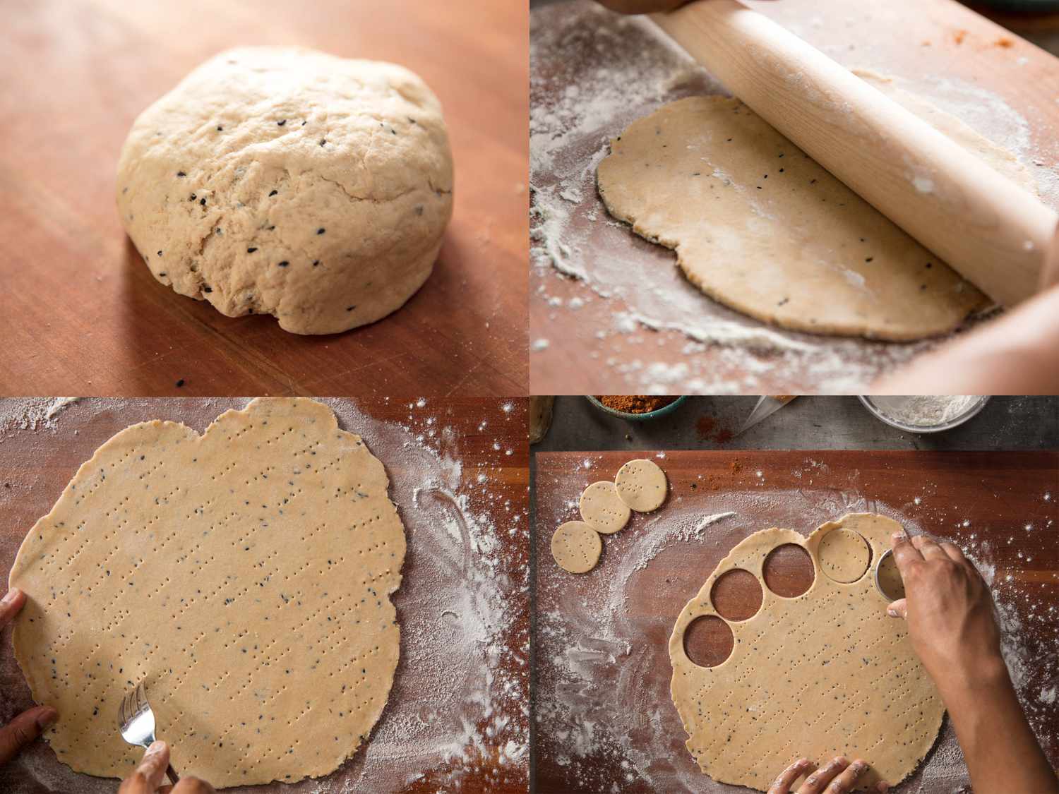 A four-image collage showing the papri dough being rolled out, pricked with a fork, and then cut into rounds which will be fried into chips.