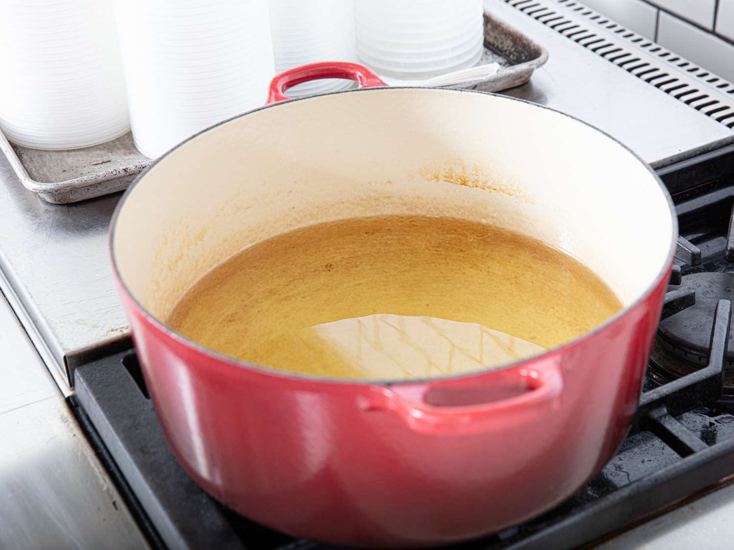Overhead view of oil in pot