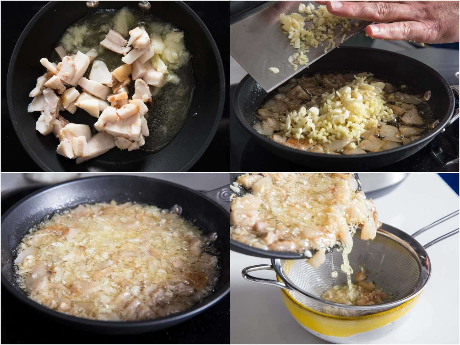 Collage of making aroma oil for ramen: heating the fat, adding ginger and garlic to the fat, letting them brown lightly and straining the fat mixture to a bowl.