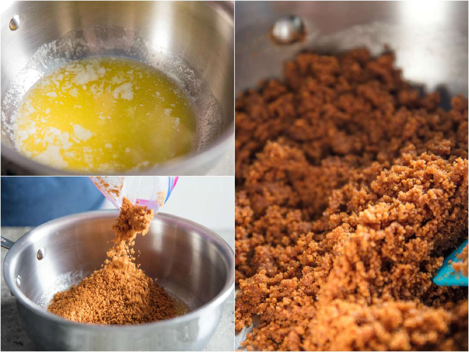 A collage of 3 images showing melted butter in a saucepan and Biscoff cookies crumbs being poured into the melted butter