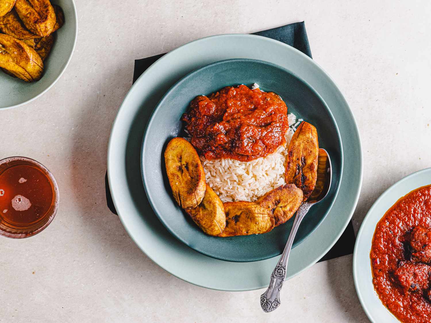Overhead view of a serving of beef stew
