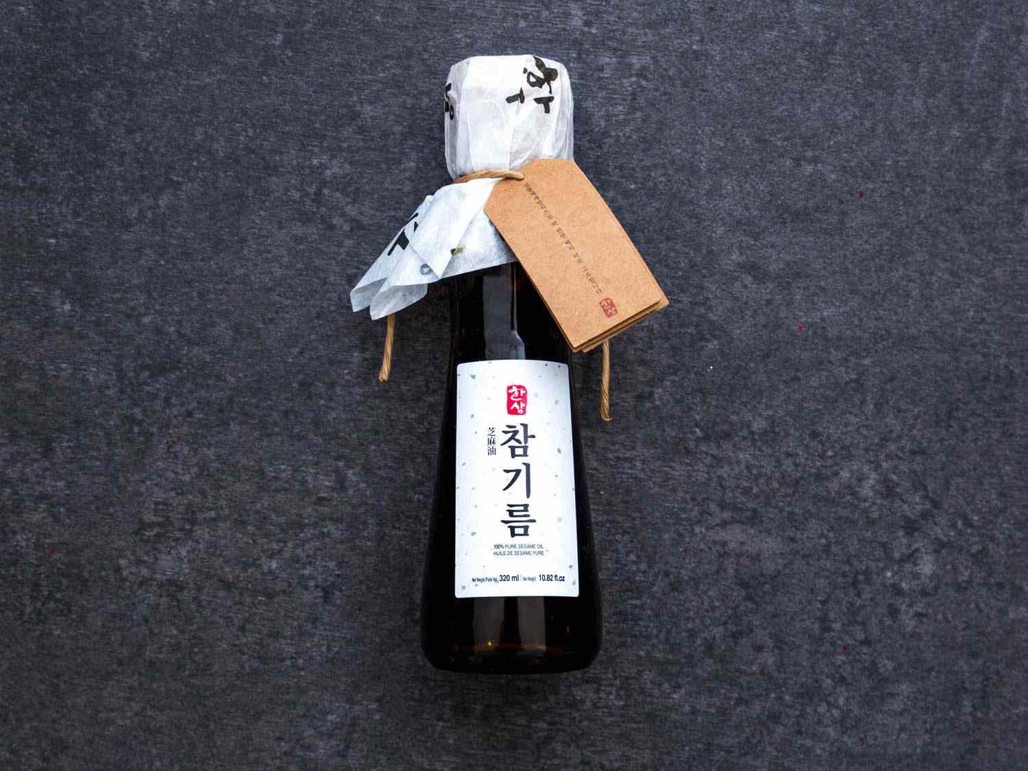 Closeup of a bottle of Korean sesame oil.