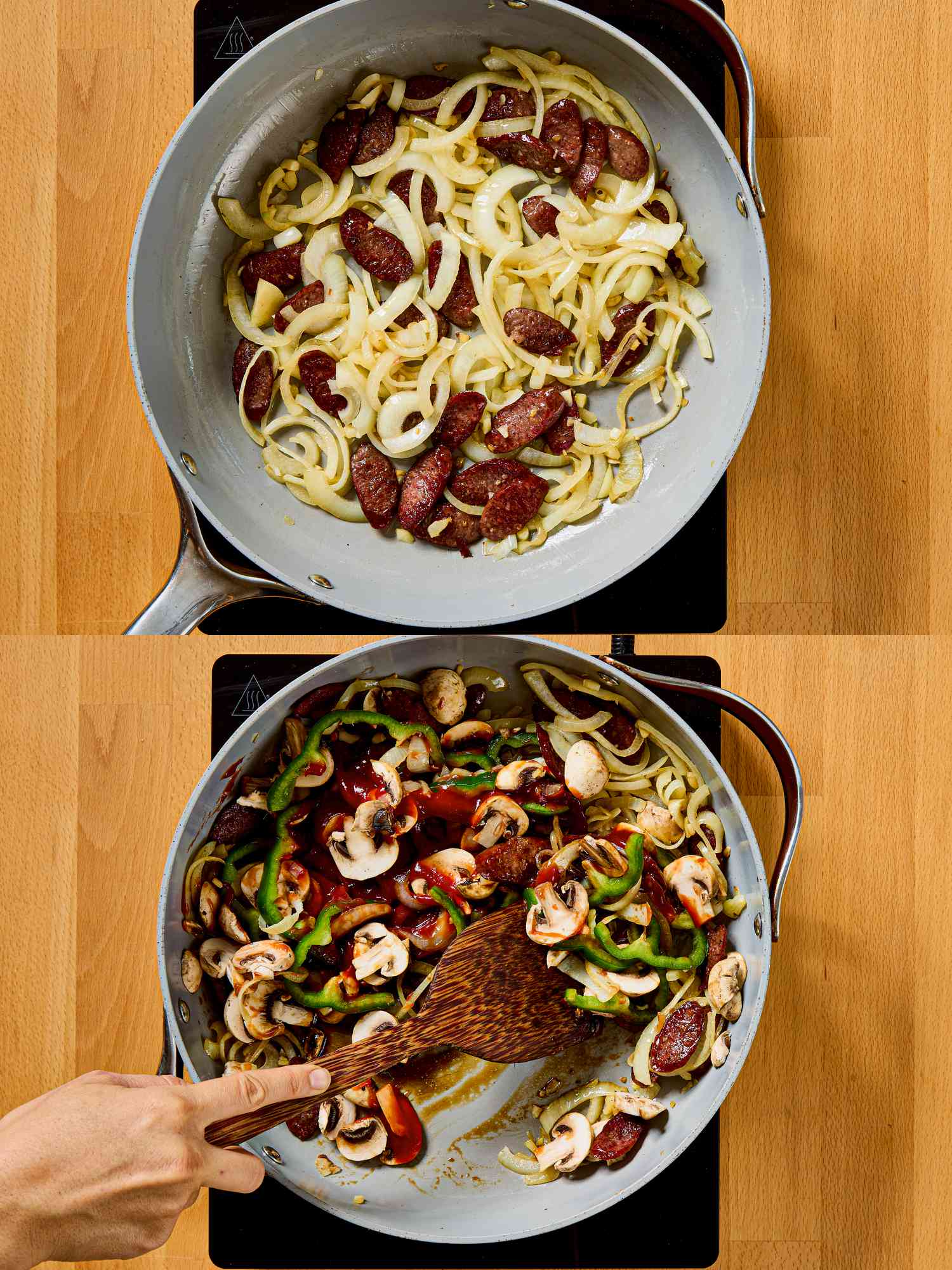 two image collage. Top: sauteed mushroom with sauage in pan. Bottom: Adding vegetables and sauce into pan 