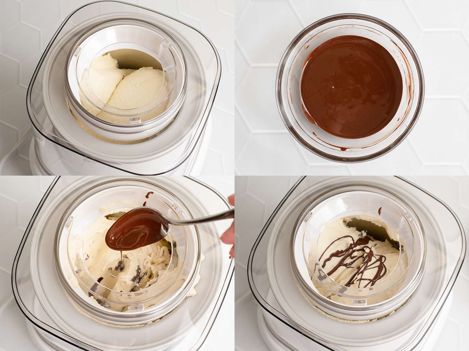A four-image collage. The top left image shows the ice cream churning inside the ice cream maker. The top right image shows the melted chocolate combined with oil in a bowl. The bottom left image shows the chocolate being drizzled into the ice cream. The bottom right image shows thin, lacy lines of chocolate formed in the ice cream.