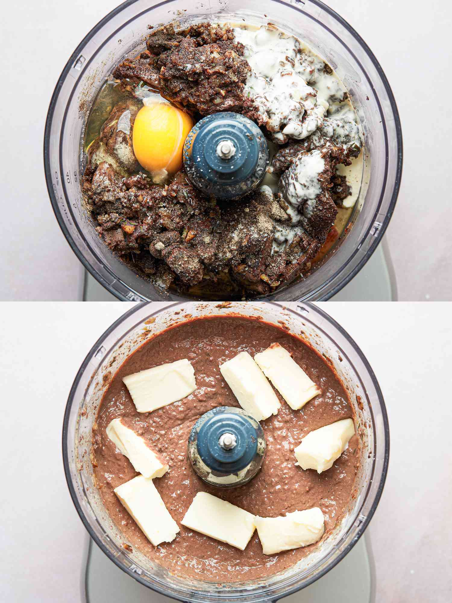 Two image collage of chicken livers in a food processor and butter being added