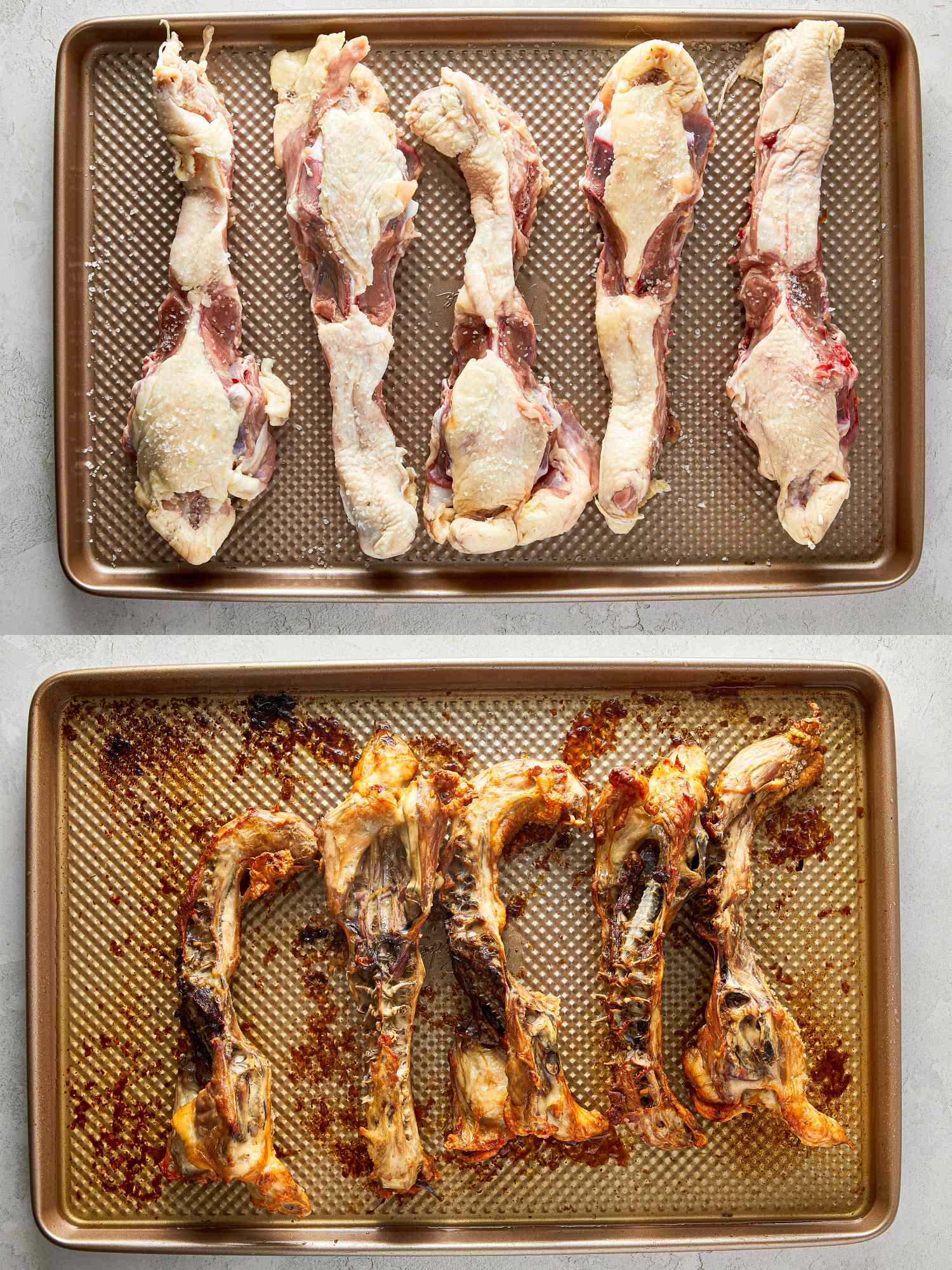 Two baking sheets with chicken bones in preparation and cooked stages