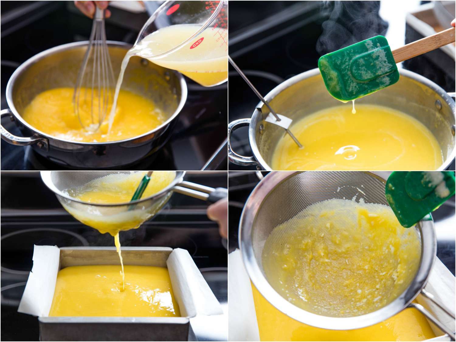Photo collage showing whisking lemon juice into egg-sugar mixture, cooking the mixture on the stovetop, and then straining into a parchment-lined baking pan for lemon bars.