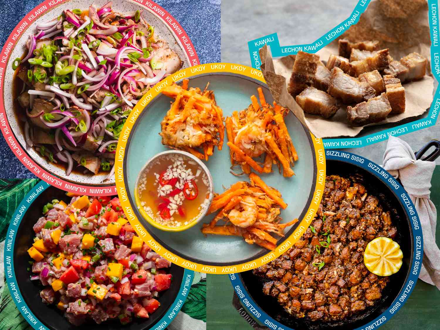 A collage made of Filipino Pulutan dishes with graphic overlay of each dish's name