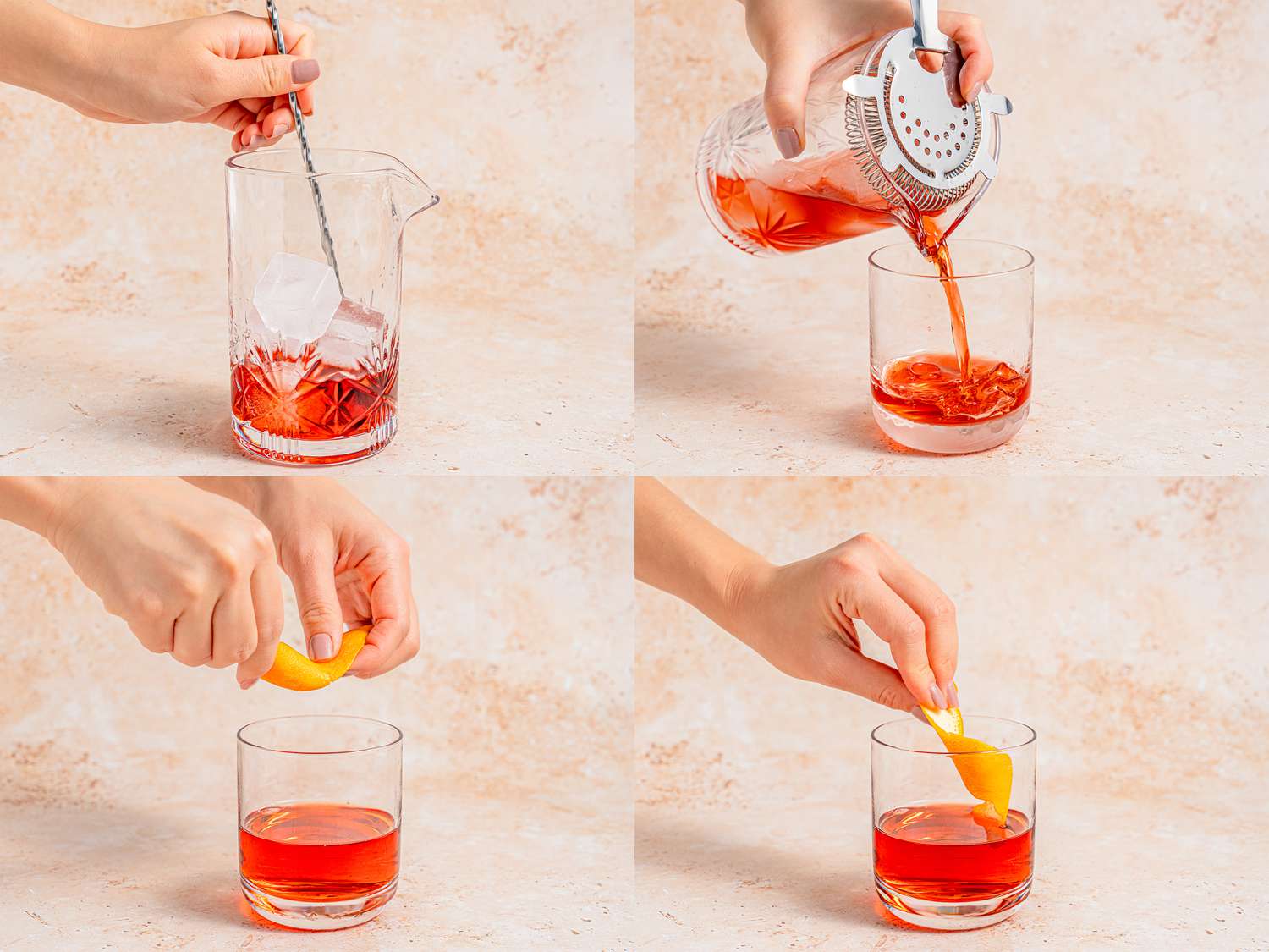 Four photos showing how to make a Negroni straight up. The first photo shows the ingredients of a Negroni being stirred in a mixing glass filled with ice. The second photos shows the drink being poured from the mixing glass into an old-fashioned glass. The third phot shows a hand twisting an orange peel over the Negroni. The fourth and final photo shows a hand putting the twisted orange peel into the Negroni.