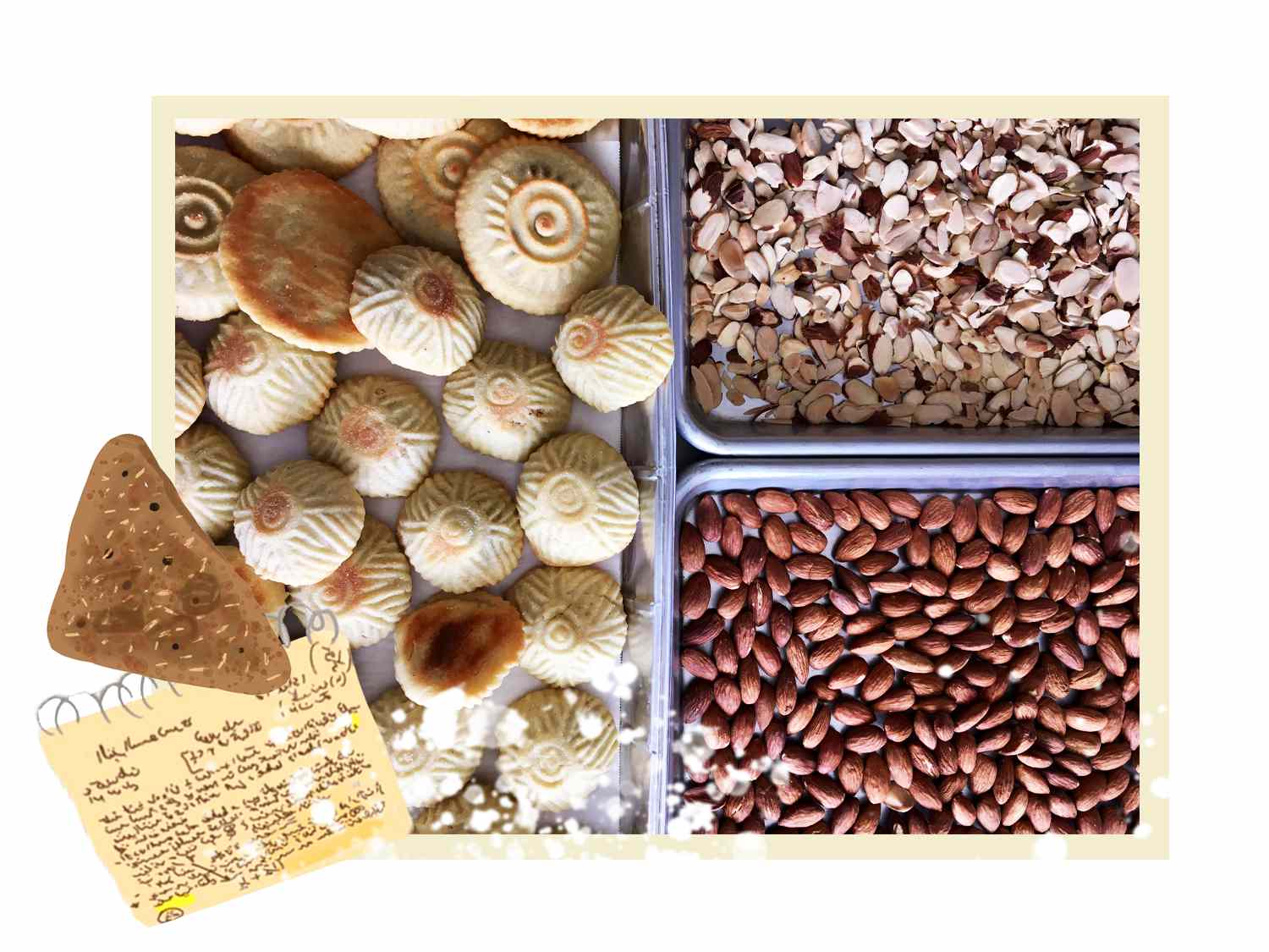 A photo of the author's mothers cookies with illustrations of the cookies overlaid