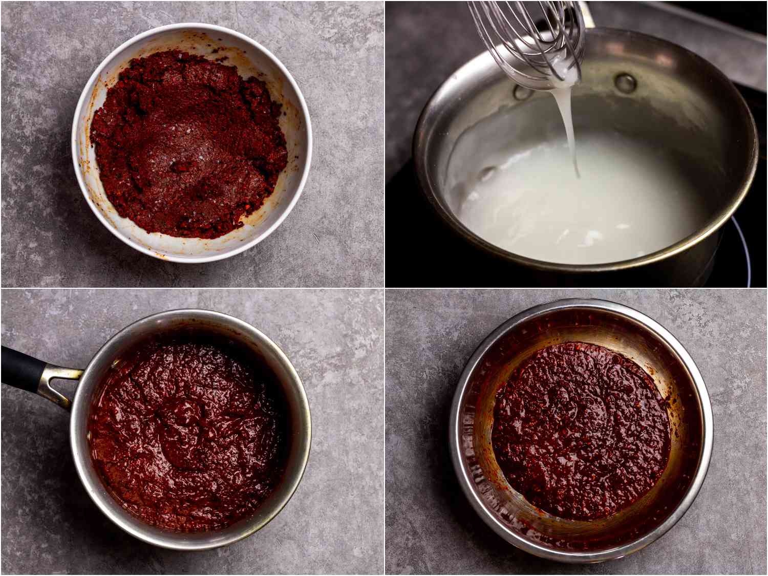 collage: blooming gochugaru; a thick paste of rice flour, sugar, and water; bloomed gochugaru added to paste; mixture transferred to mixing bowl
