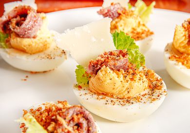 Side view of Caesar-ed deviled eggs