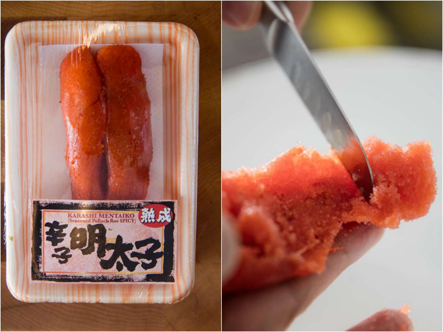 Two images. On the left, a package of karashi mentaiko. On the right, the mentaiko on a cutting board, being spread apart with a knife.