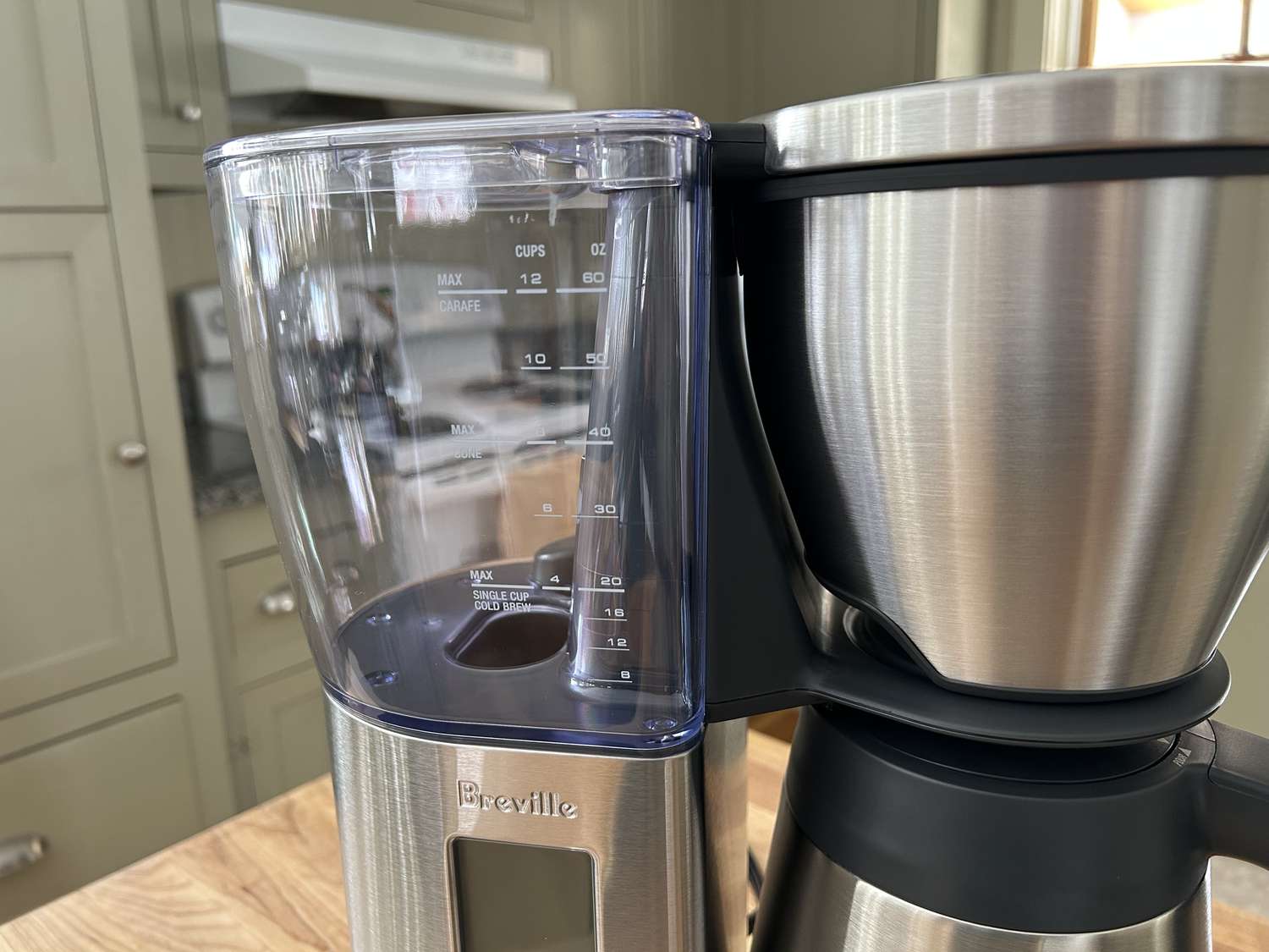 A closeup of the water reservoir on the Breville Precision coffee maker.