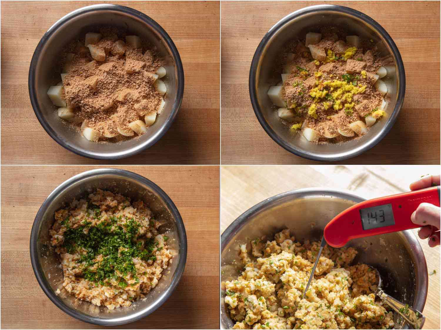 Collage showing steps of mashing and mixing potato mixture for aloo tikki.