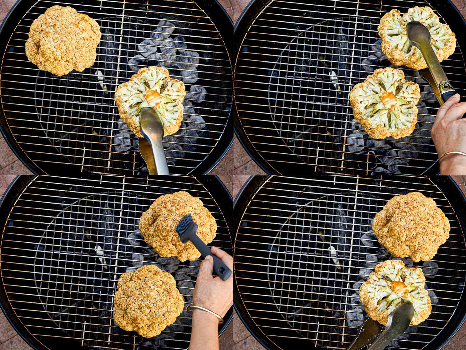 Four image collage of grilling cauliflower