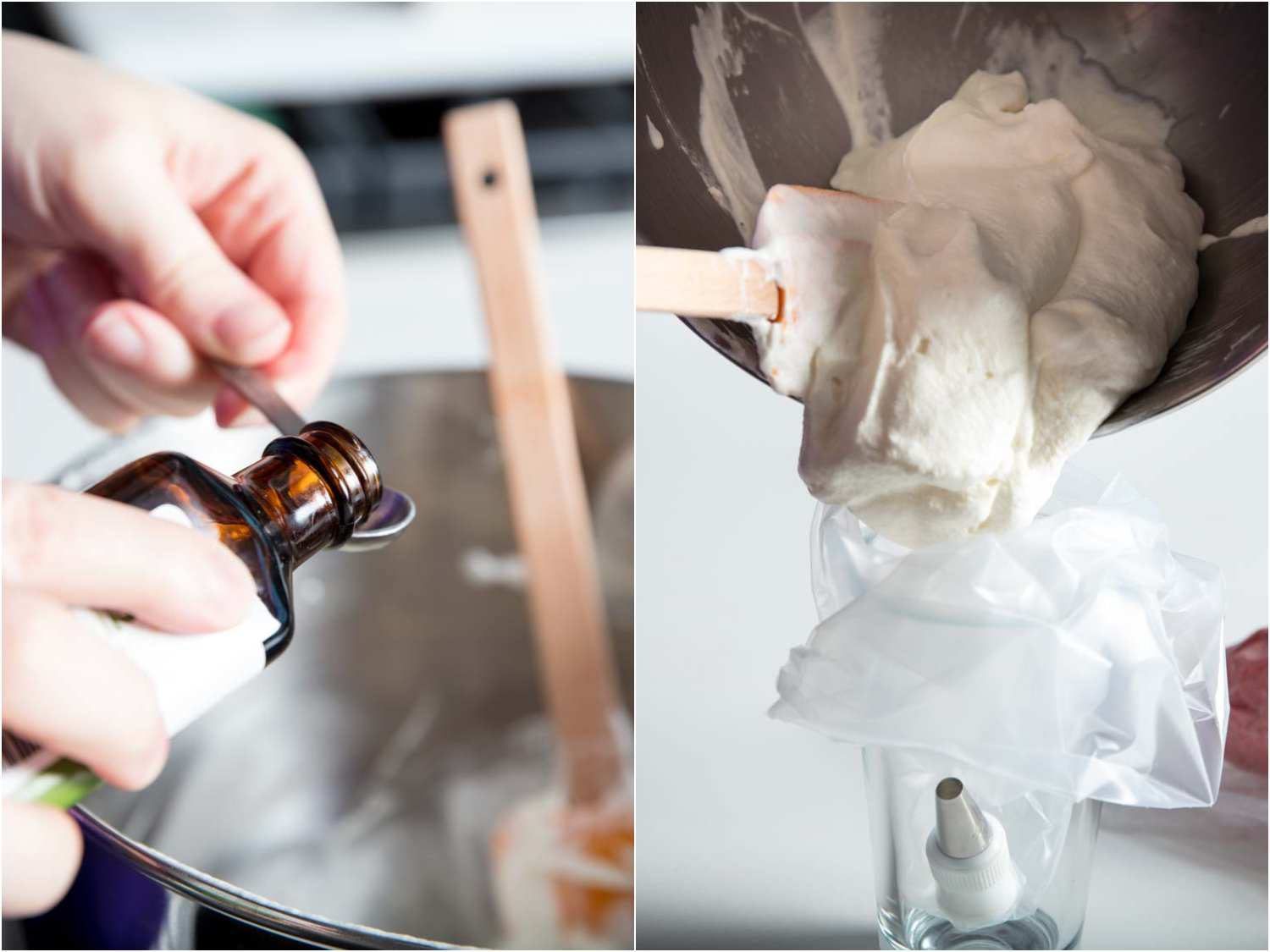Side by side images showing adding vanilla extract to the Swiss meringue and transferring the mixture to a piping bag.