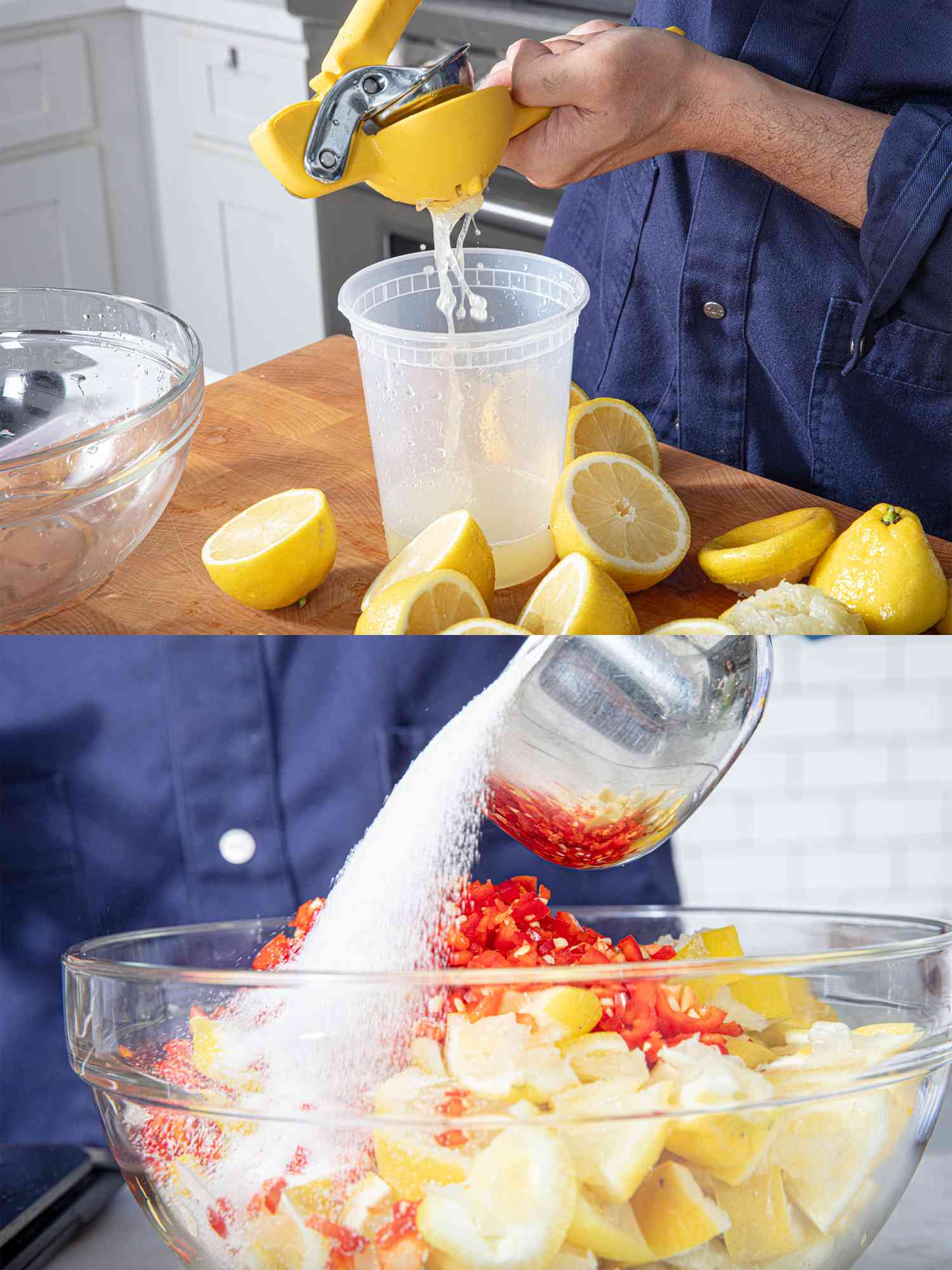 Two image collage of squeezing lemons and adding sugar