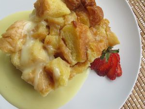 bread pudding and white chocolate sauce