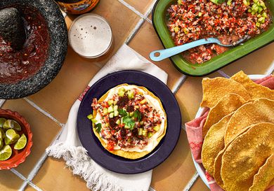 Overhead view of ceviche on a tablescape