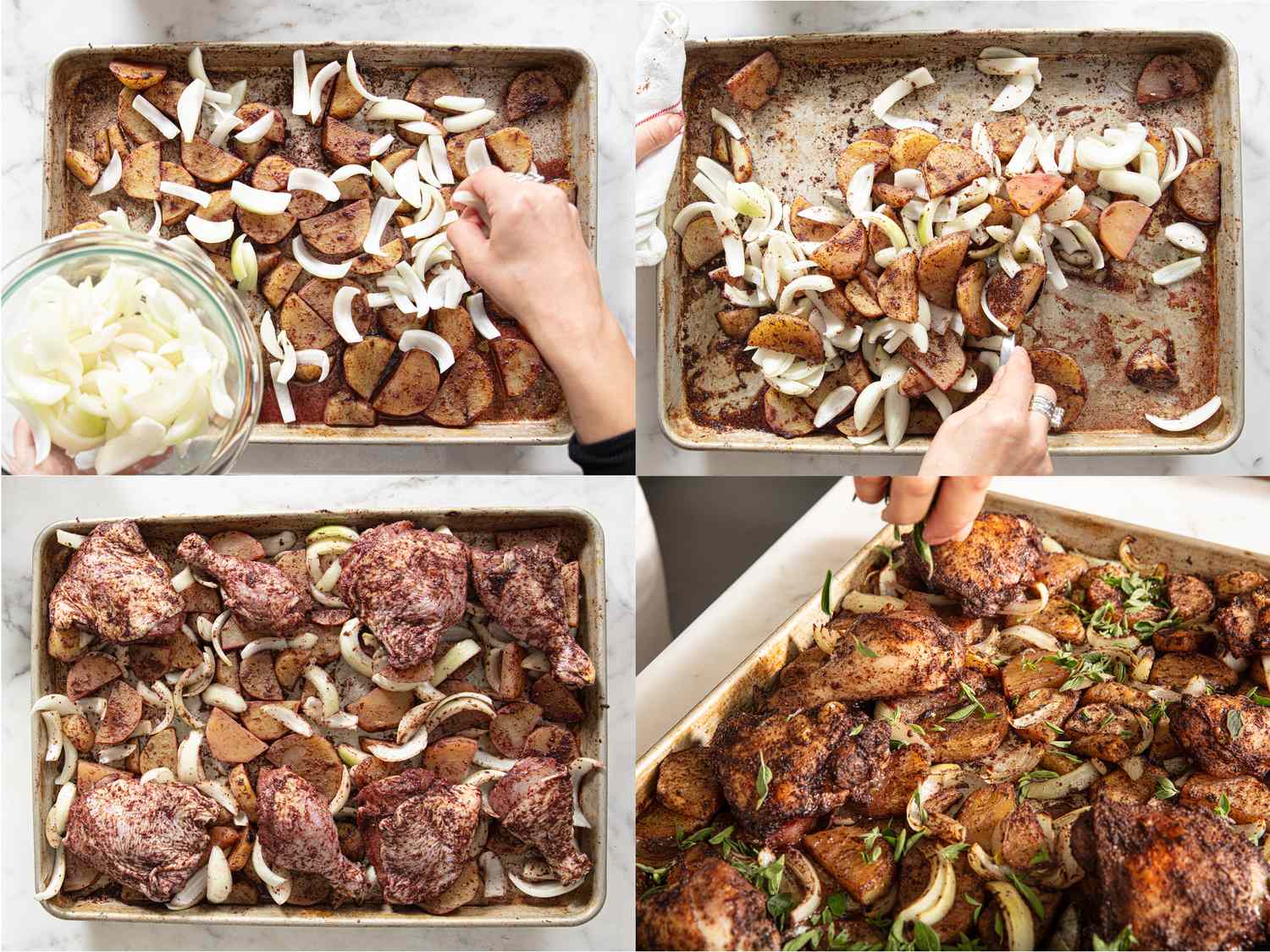Cooking sequence of Musakhan chicken and potatoes on a baking sheet preparation and presentation stages shown