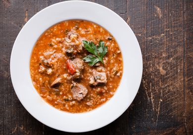 Overhead of a bowl of kharcho soup