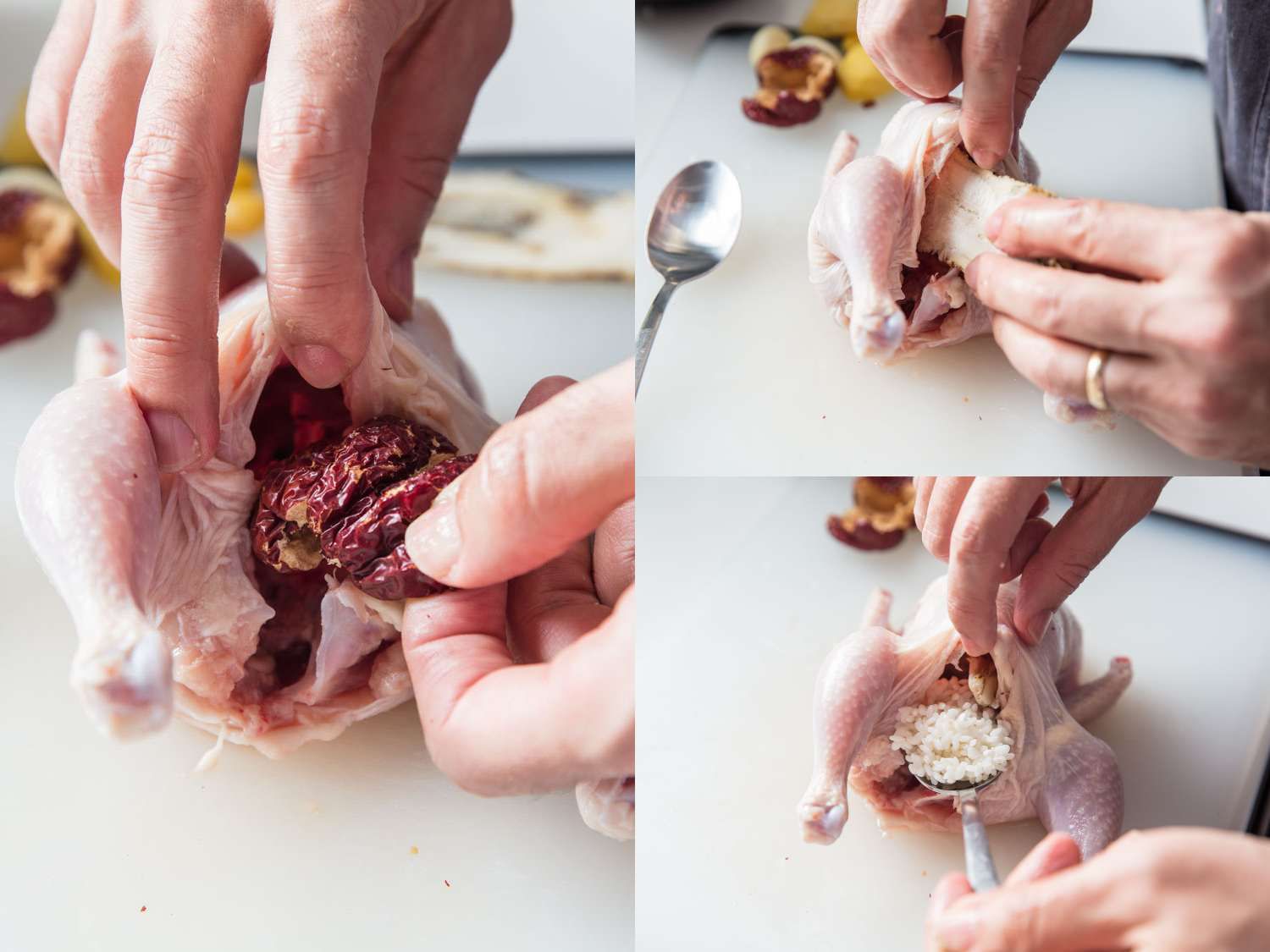 A collage: stuffing the chicken with dried jujube, ginseng roots, and rice. 