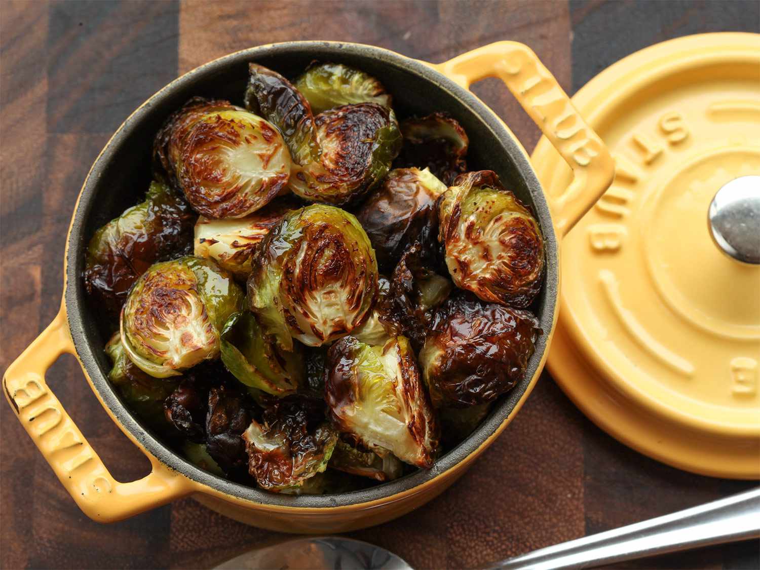 Roasted Brussels sprouts in a Dutch oven