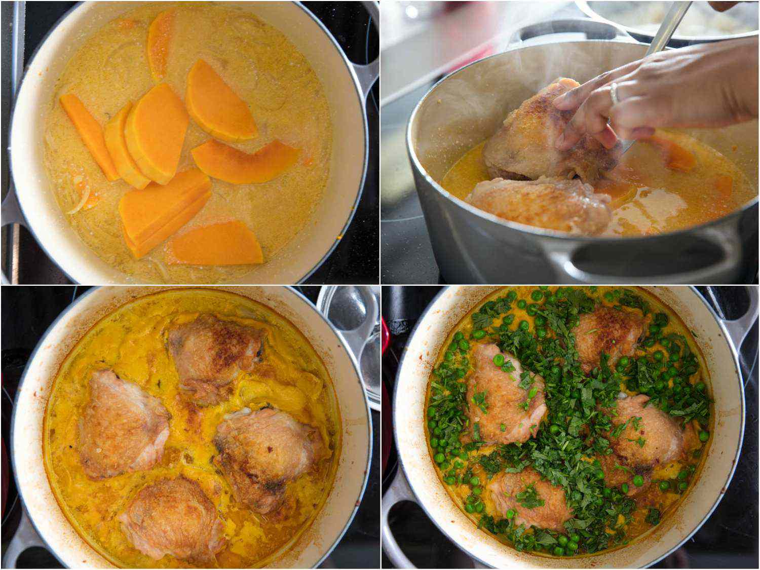 A collage: layering squash, browned chicken thighs, peas, and herbs in Dutch oven for chicken aji amarillo.