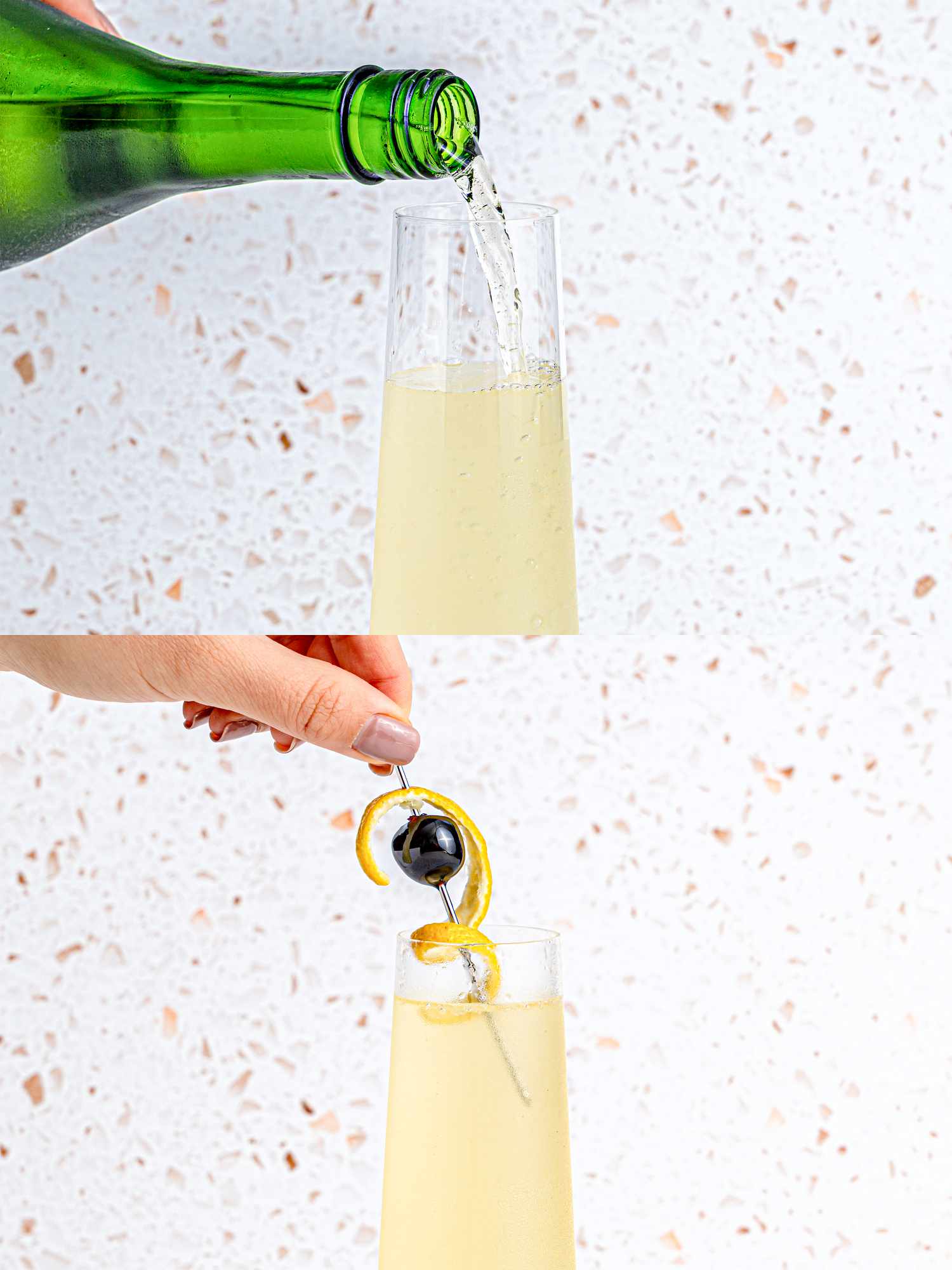 Two image collage of topping drink with champagne and garnish