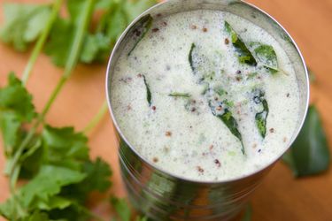 Neer More (South Indian-Style Spiced Buttermilk) with curry leaves floating on top